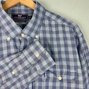 Vineyard Vines Slim Fit Crosby Linen Button Shirt Mens 2XL‎ Blue Gingham FLAW